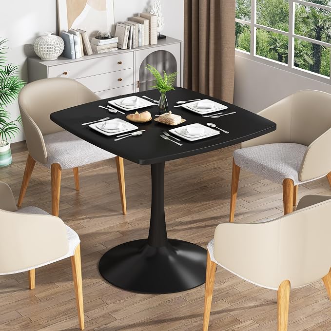 Recaceik Square Dining Table for 2-4 Person, 32 Inches Tulip Kitchen Table with Pedestal Base for Kitchen & Dining Room, Mid-Century Modern in Tulip w/0.71" Thickened Desktop, Black