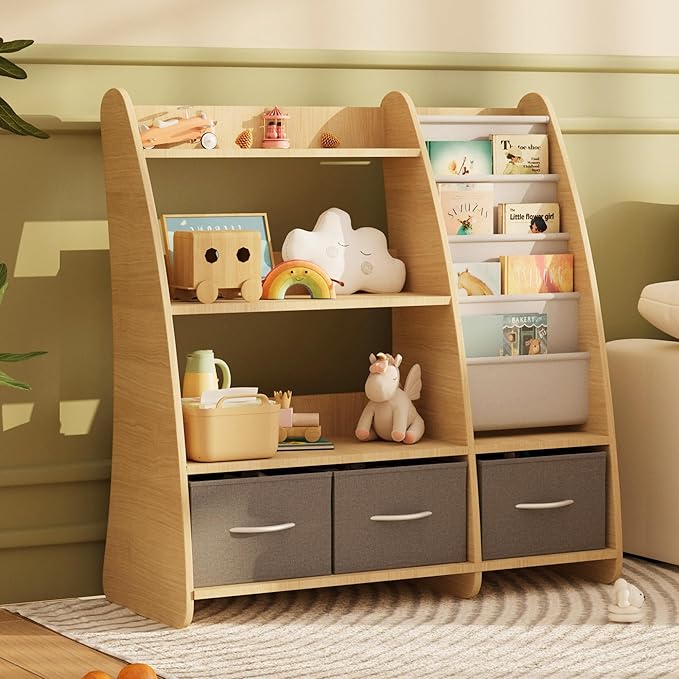 NACHES Kids Bookshelf and Toy Storage Organizer, Montessori Nursery Book Shelves with Sling Rack & Fabric Toy Bins, Toddler Baby Bookcase, Wooden Toy Shelf for Kids Room, Playroom, Sail-Burlywood