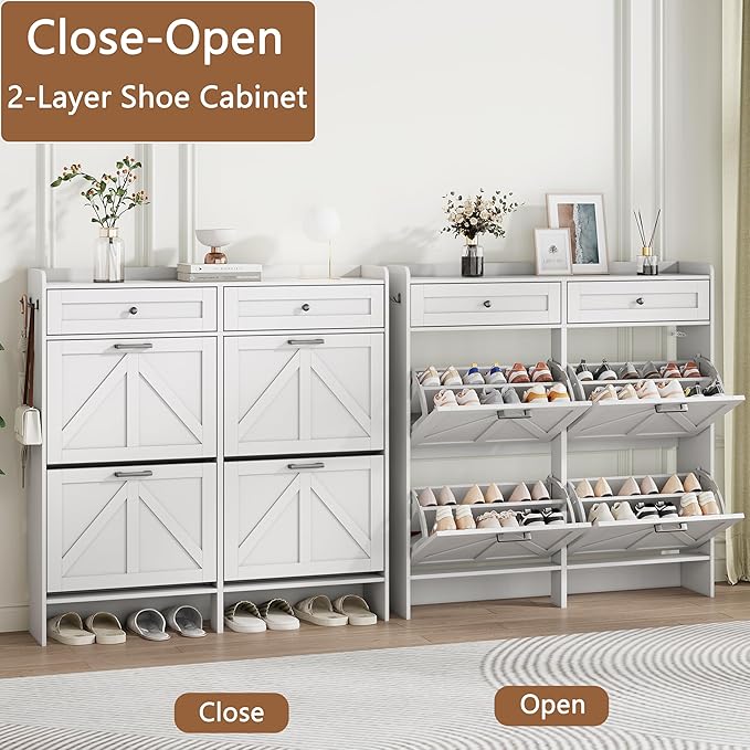 Shoe Cabinet with 4 Flip Drawers & 2 Top Drawers, 43" Tall Freestanding Shoe Storage Organizer for Entryway, Wooden Narrow Hidden Slim Shoe Rack for Front Door Entrance, Hallway, Living Room, White