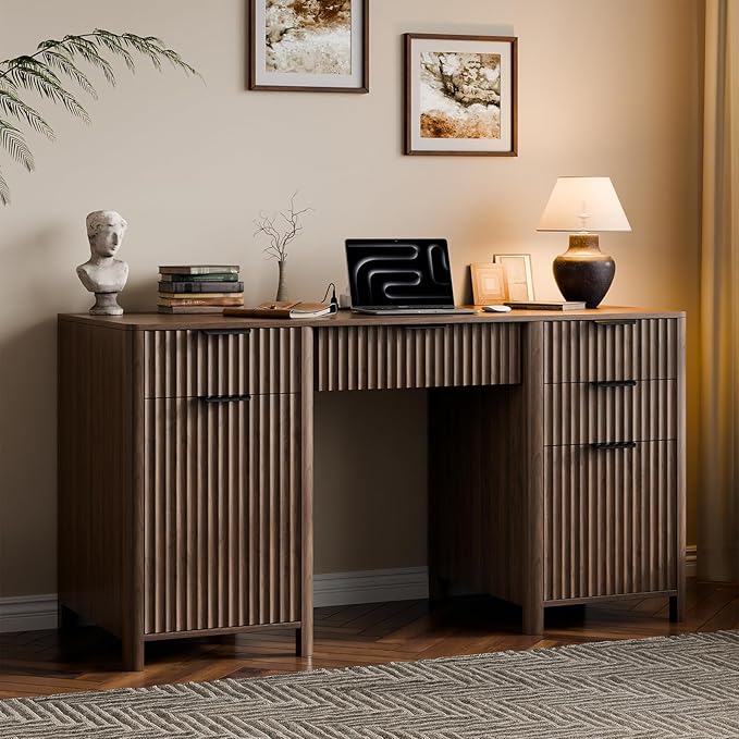 58" Fluted Home Office Desks with Storage, Modern Executive Desk Computer Desks with 5 Drawers & Cabinet, Wood Work Desk File Drawer for Office, Bedroom, Study, Living Room, Walnut