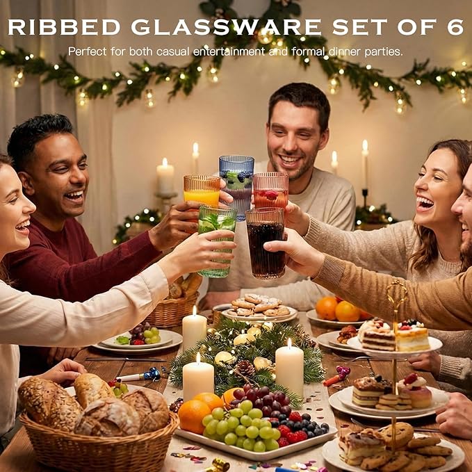 Colored Ribbed Highball Glasses Set of 6, 13.2oz Vintage Colored Glassware, Drinking Glasses for Water, Juice, Iced Coffee, Cocktails, Multicolor Glass Cups, Housewarming Christmas Gift