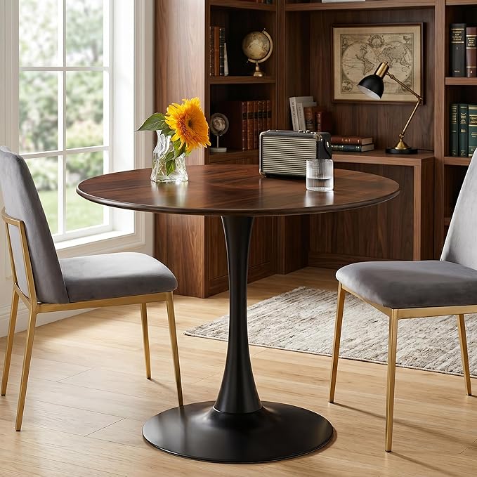 24" Walnut Round Dining Table, Mid Century Modern Pedestal Kitchen Table for Small Spaces, Small Coffee Table for Living Room, Apartment, Studio, Office, Breakfast Nook, Walnut & Black