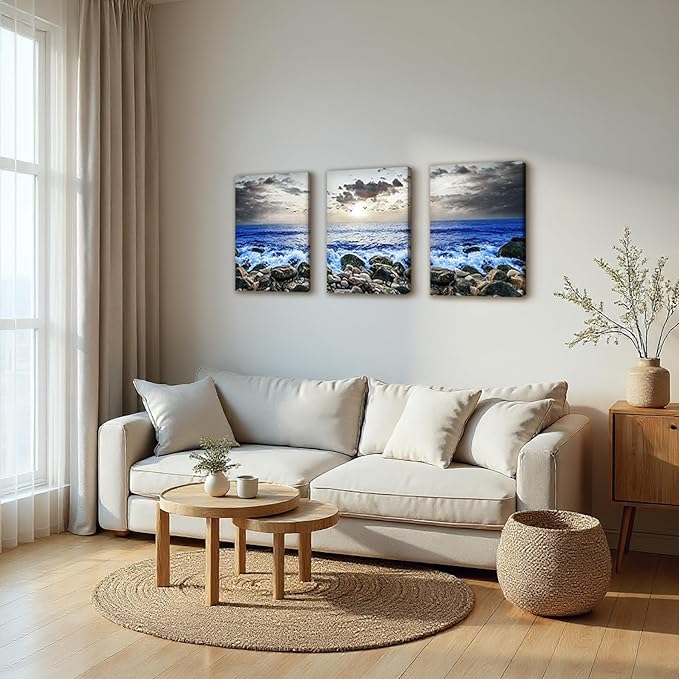 SERIMINO Beach Wall Art Set, Blue Coastal Landscape Wall Decor, Modern Ocean Paintings Art Prints Home Office Decoration, Seaside Canvas Pictures for Living Room Bedroom Bathroom 3 Pieces 16"X24"