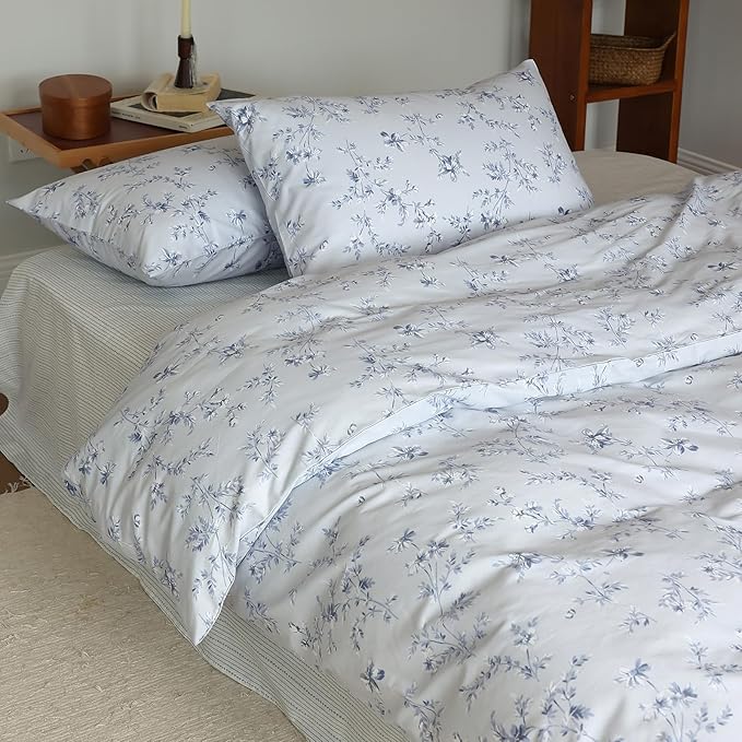 HighBuy Blue Floral Duvet Cover Twin XL Kids Girl Bedding Set Cottagecore Comforter Cover with 2 Pillowcases 100% Cotton Flower Duvet Cover Twin XL Aesthetic Bedding Set with Zipper and Corner Ties