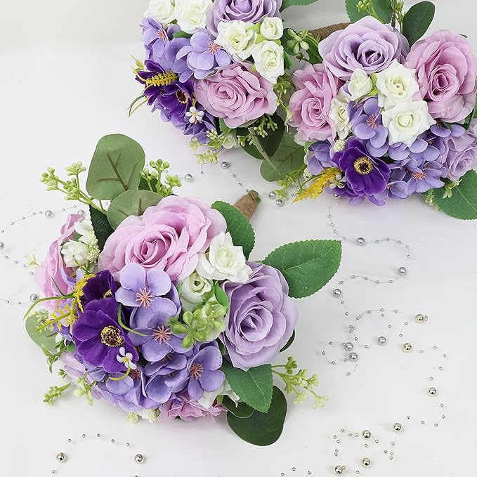 Set of 4 Bridesmaid Bouquets for Wedding - 7 Inch Artificial Flowers Bouquets for Ceremony Anniversary Centerpieces Decorations - Lilac & White