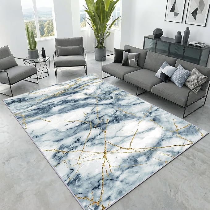 Merelax 5x8 Abstract Rug for Livingroom Bedroom - Washable Non-Slip Modern Area Rug, Indoor Floor Carpet Low Pile Soft Rug for Dining Room, Mudroom, Aesthetic Geometric Decor, Blue/Gold