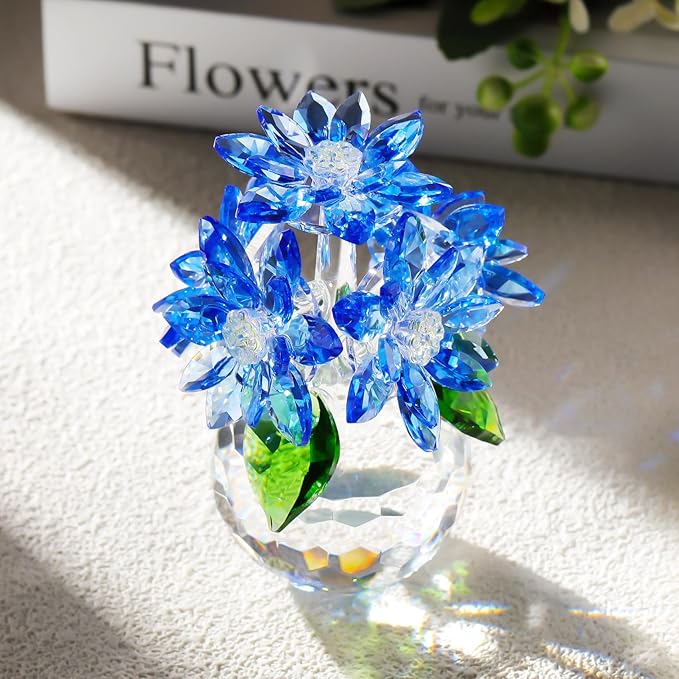 YWHL Beautiful Crystal Flower Gifts for Women, Blue Glass Flower Figurine with Stand, Handmade Art Collectible Statue Decor (Blue)