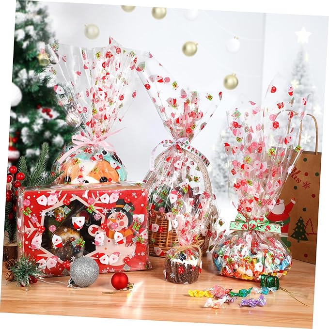 Alipis Christmas Cellophane Wrap Santa Clause Treat Bags Xmas Pattern Wrapping Paper Wrapper Sheet for Crafts Fruit Basket Packing