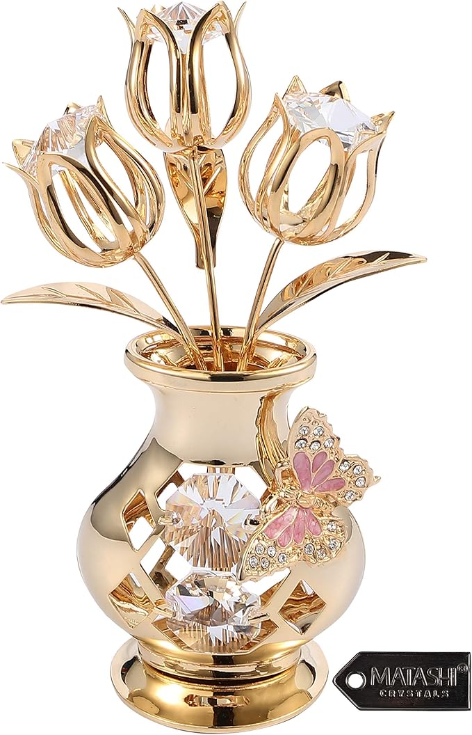 Matashi 24K Gold Plated Crystal Studded Flower Ornament in a Vase with Decorative Butterfly, Christmas, Mother's Day, Valentine's Gift, Tabletop Centerpiece (Clear Crystals)