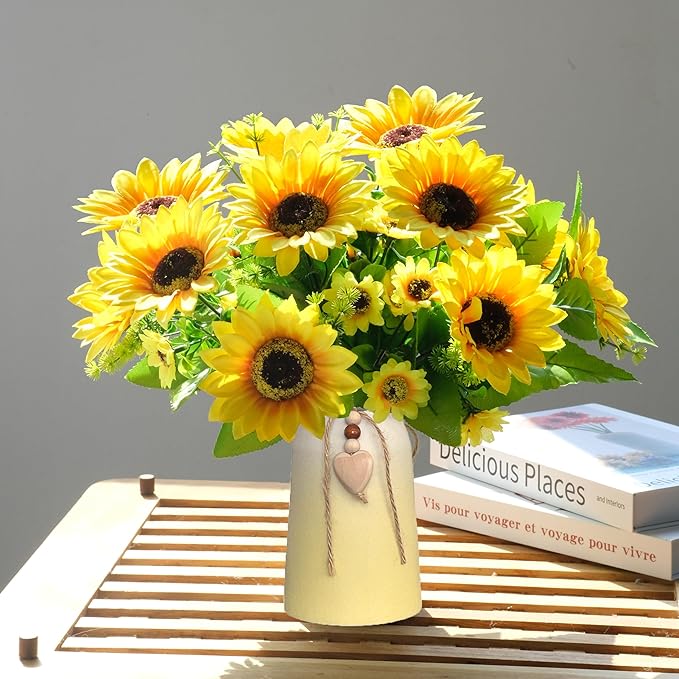 Artificial Sunflower Arrangement in Ceramic Vase – Fake Silk Sunflowers Table Centerpiece Decoration, Stylish Artificial Flowers with Vase for Home Table Dining Room