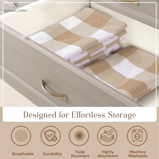 Buffalo Check 12 Pack Kitchen Towels, 16x26 Inches, Classic Farmhouse Plaid Dish Towel, 100% Cotton, Absorbent, Washable for Drying Dishes, Cleaning, Everyday Kitchen Use, Beige White