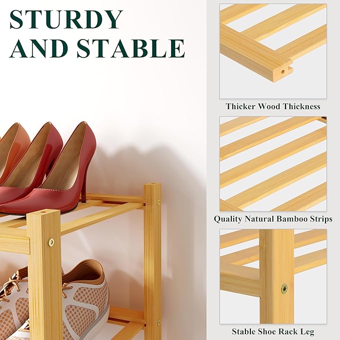 Smiry Bamboo Shoe Rack for Closet, 4 Tier Wooden Stackable Shoe Organizer, Free Standing Shoes Storage Shelf for Entryway, Front Door Entrance, Natural & White