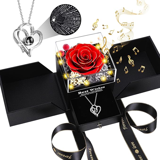 Christmas Birthday Gifts for Women - Preserved Real Rose with I Love You Heart 100-Language Necklace, LED Lights & Music Gift Box, Christmas for Women Girlfriend Mom