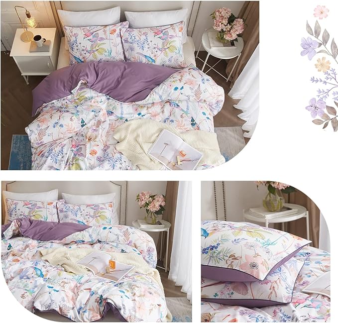 VM VOUGEMARKET Multi Color King Duvet Cover Set with Floral Bird Pattern,White Purple Bedding Set,Lightweight Elegant Botanical Duvet Cover for Girls
