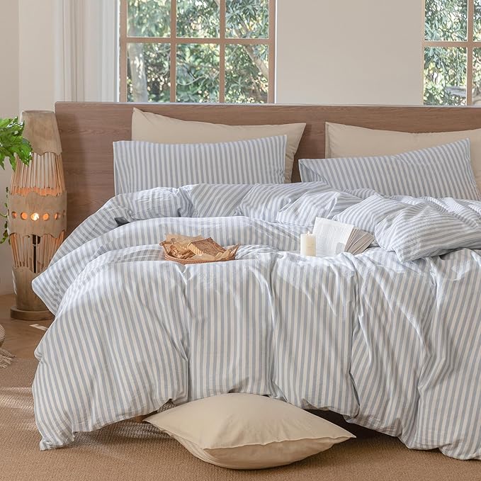MooMee Striped Duvet Cover Set 100% Washed Cotton Linen Like Textured Breathable Durable Soft Comfy (Cornflower Blue White Classic Stripes, Queen 90"x90")