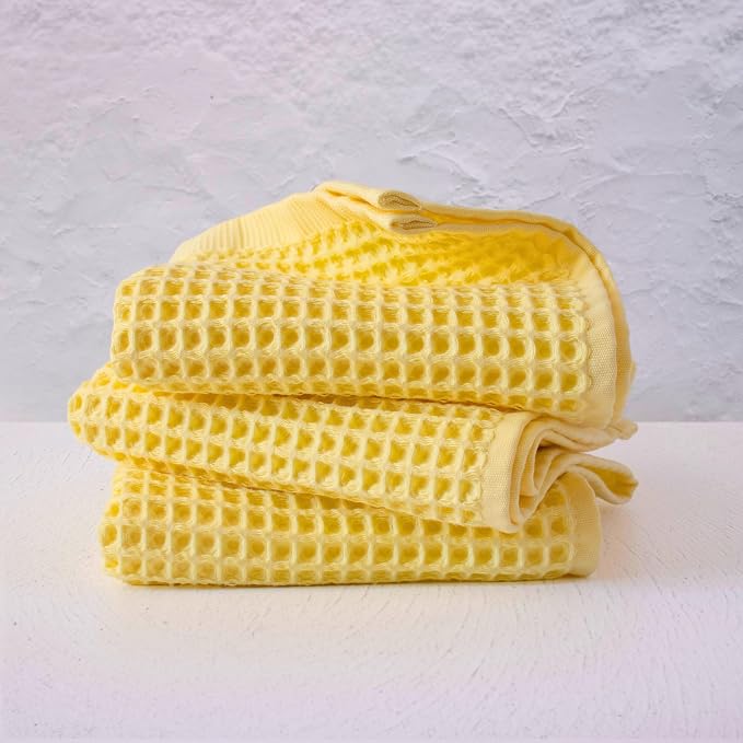 PÜSKÜL Natural 100% Turkish Cotton Waffle Kitchen Towels Set of 3 | Oeko-Tex, Premium Waffle Hand Towels for Bathroom | Soft Absorbent Quick-Dry Lint-Free Dish Towel Large 32x16 inch (3, Light Yellow)