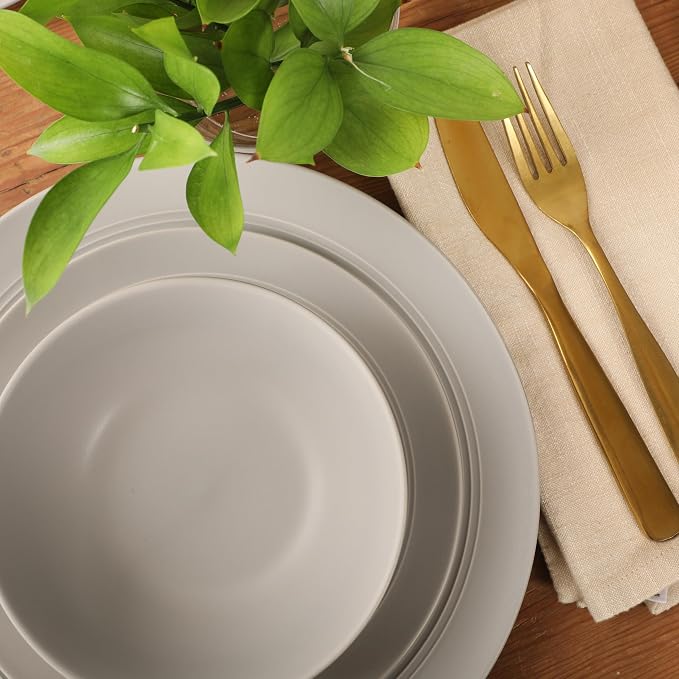 Gibson Elite Soleil 12 Piece Chateau Grey Stoneware Dinnerware Set for 4, Plates and Bowls Set with Dinner Plates, Salad Plates and Bowls