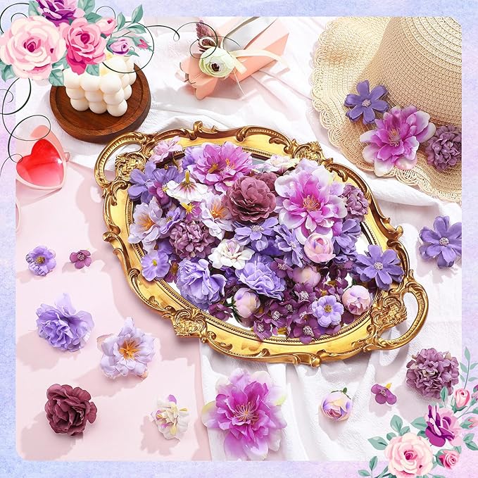 Geosar 120 Pcs Small Flowers for Crafts Mini Faux Flowers Artificial Silk Fabric Floral Arrangement Decor for DIY Wreath Bouquets Wedding Shower Home Decor(Purple,Coquette Style)