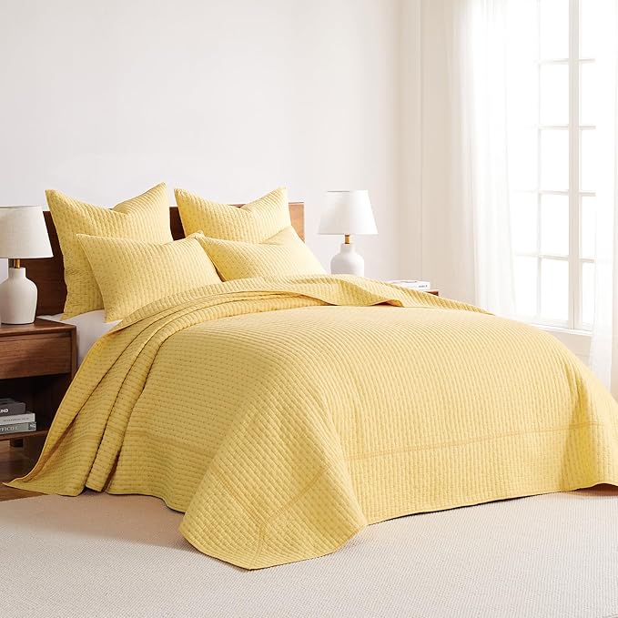Levtex Home Cross Stitch Reversible Queen Bedspread Set (104x106in) with 2 Pillow Shams (26x20in) - Stitch Texture - Yellow - Cotton Queen Size Bedspread Set - Lightweight, Soft, Pre-Washed