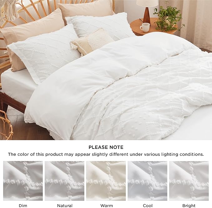 Bedsure Boho Duvet Cover Queen Size with Fitted Sheet - Boho Bedding Comforter Set, 4 Pieces, Includes 1 Duvet Cover 90"x90" with Zipper Closure, 2 Pillow Shams, 1 Fitted Sheet, White