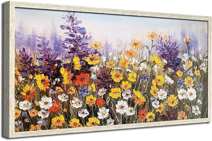 Ardemy Wildflower Wall Art Canvas Living Room Framed Daisy Floral Large Colorful Pictures Wall Decor Textured Purple Paintings Artwork for Walls Bedroom Home Office, 58"x29"