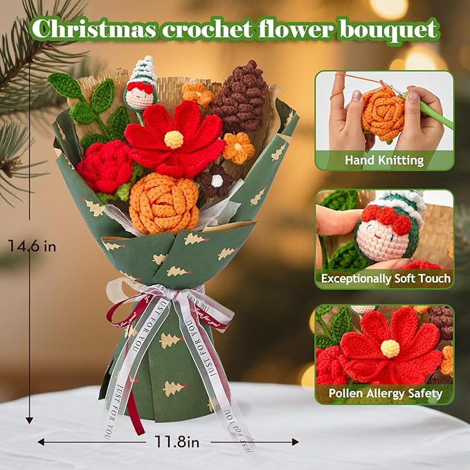 Alecono Crochet Flower Bouquet, Christmas Knitted Flowers, Green Completed Handmade Flower for Lover Anniversary Birthday Party Gifts (Include Card)