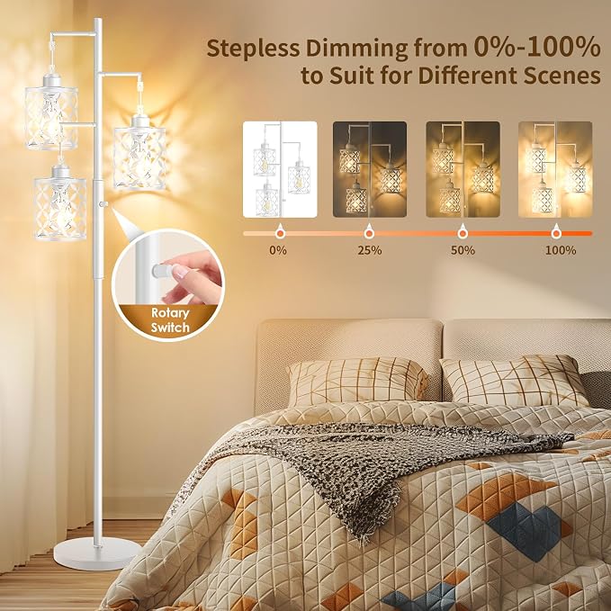 Dimmable Floor Lamp, Farmhouse Standing Lamp with Elegant Metal Cage, Industrial Tall Tree Floor Lamps for Living Room, Bedroom, Study Room, Office, 3 x 800LM LED Bulbs Included, 72", White