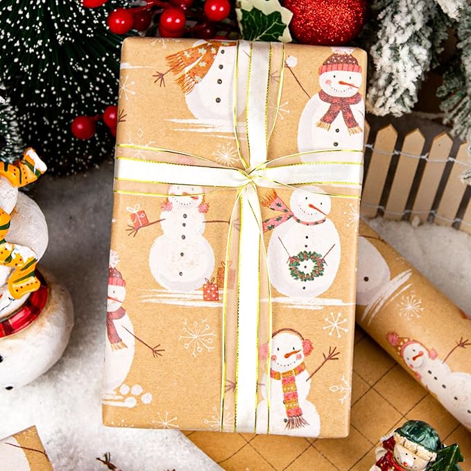 MAYPLUSS Christmas Wrapping Paper Roll - 17IN X 33FT - Kraft Gift Wrapping Paper Featuring Cute Scarf Snowman Snowflake Reversible Cut Lines for Kids, Holiday, New Year