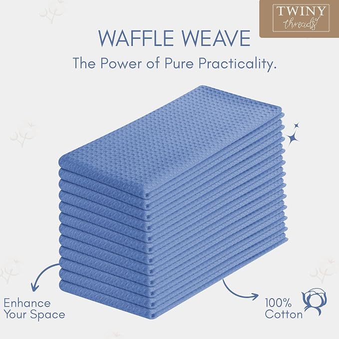 TWINY threads Blue Waffle Kitchen Towel 6 Pack, 16x26 Inch, Premium 100% Cotton Kitchen Linen Set, Absorbent Dish Cloths for Cleaning, Drying Dishes, Machine Washable, Durable, Quick Dry, Sky Blue