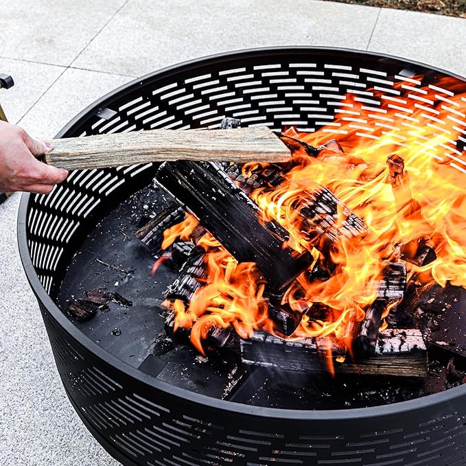 OutVue 32" Wood Burning Fire Pits with Grill & Lid, Fire Pit Table for Outside with Waterproof Cover & Fire Poker, Outdoor Firepit with Functions for BBQ,Table and Bonfire