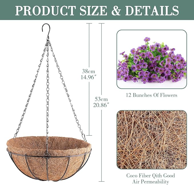 Artificial Flowers Hanging Plants in Basket,Artificial Hanging Flowers for Outdoor Indoor Decor,UV Resistant Hanging Baskets with Fake Flowers for Patio Garden Porch Deck Decoration