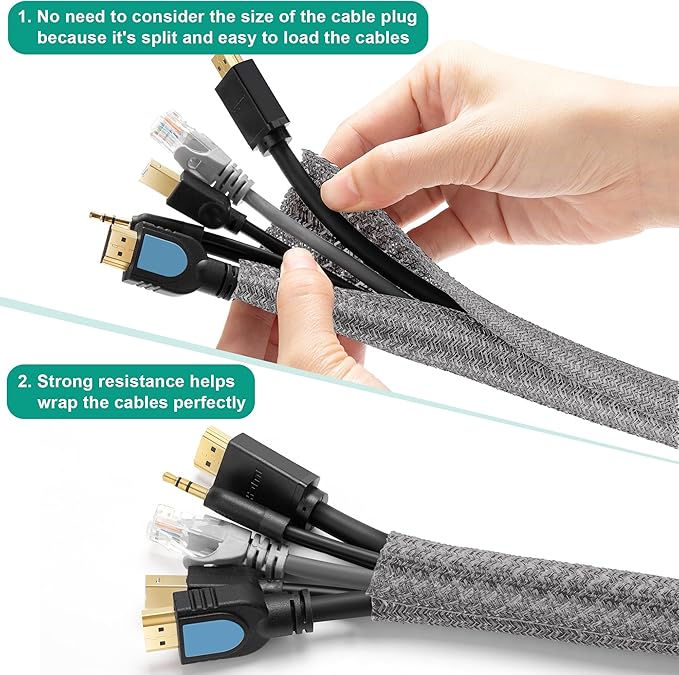 6.6ft - 4/5 inch Grey Cable Sleeve, Cable Organizer for Desk PC TV Computer, Wire Protector Cable Wrap Cover, Cord Management for Home Office