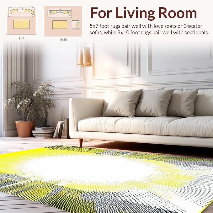 Flatwoven High Traffic Area Rug 4x6, Radiant Burst Geometric, Non Slip, Stain Resistant, Washable Area Rugs for Living Room, Bedroom (Yellow, 4x6)