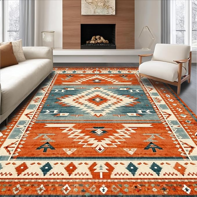 9'x12' Washable High Traffic Area Rug, Stylish Southwestern with Warm Hues and Unique, Flatwoven Area Rugs for Living Room, Bedroom (Red,9x12)
