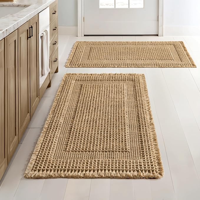 MIULEE Set of 2 Waffle Bathroom Rugs, Boho Bath Rug Super Absorbent, Non Slip Washable Ultra Soft Rubber Backed Shower Bath Mats for Floor, Tub, Shower, Looped Design, Brown, 24x36 Inch