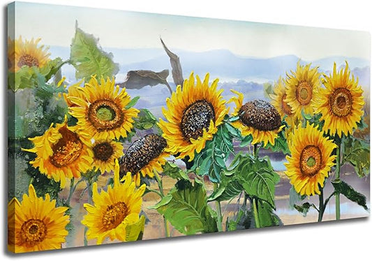 Ardemy Sunflower Wall Art Canvas Flower Yellow Picture Floral Landscape Painting for Living Room, Nature Large Framed Artwork Bedroom Bathroom Dining Room Home Office Wall Decor 40"x20"