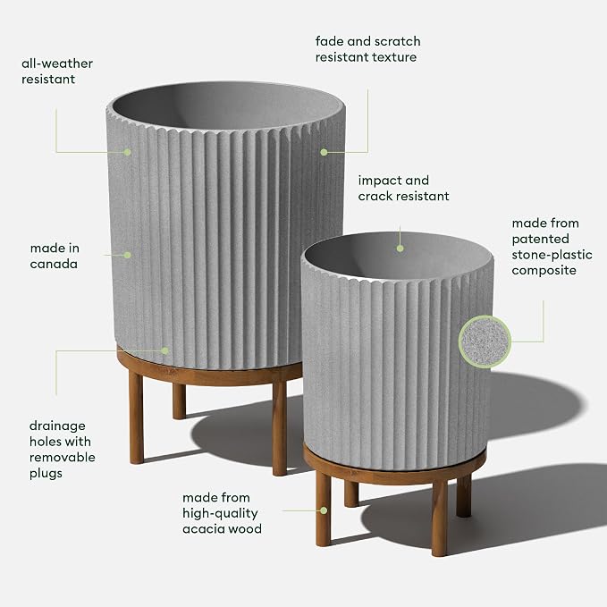 Veradek Demi Series Round Planter w/Stand for Porch/Patio | Durable Plastic-Stone Composite & Wooden Stand | Modern Décor for Tall Plants, Flowers