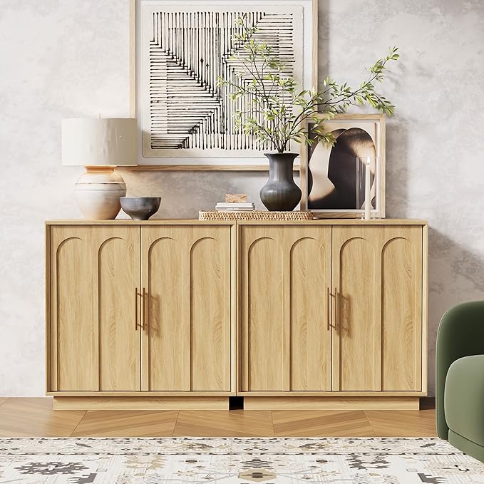 FORTUNETEC Sideboard Buffet Cabinet with Storage, Modern Accent Cabinet with Arched Doors, Boho Modular Media Console, 31.5" Minimalist Credenza for Living Room Kitchen Dining Room Entryway, Oak