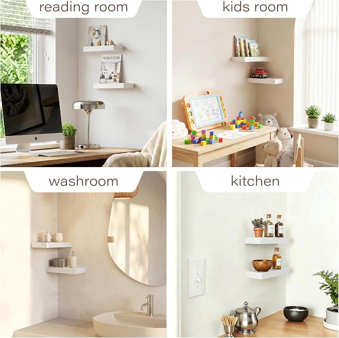 Floating Shelves for Wall Set of 2, White 11.8 Inch Small Wall Shelves for Bathroom Over Toilet, Bedroom & Apartment Storage, Wall Mounted Display Shelves for Decor & Toiletries