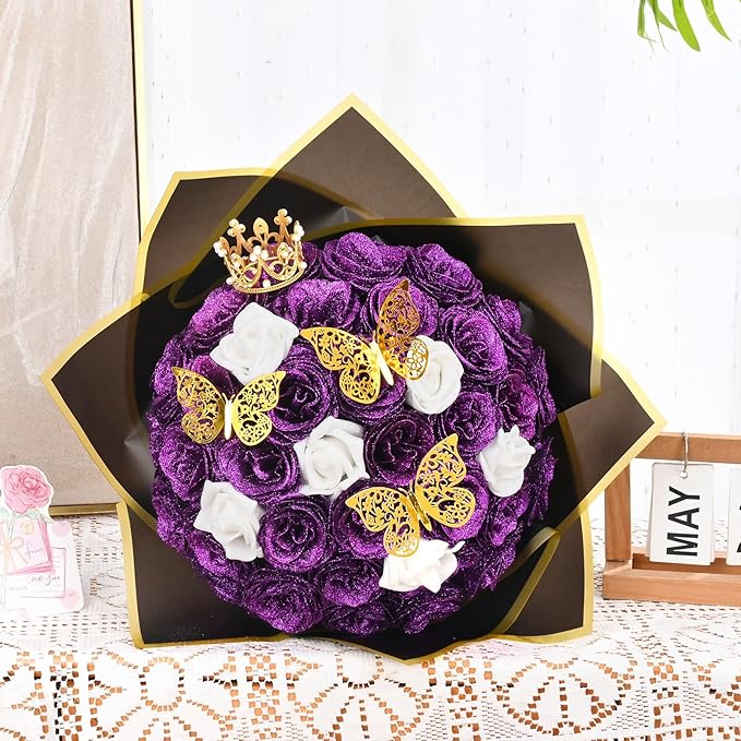 36+20 Glitter Roses Bouquet, DIY Fake Flowers Bouquet, Craft the Initials of Your Loves' Name with Artificial Rose for Valentines, Anniversary, Wedding, Mothers Day Gifts, Purple & White