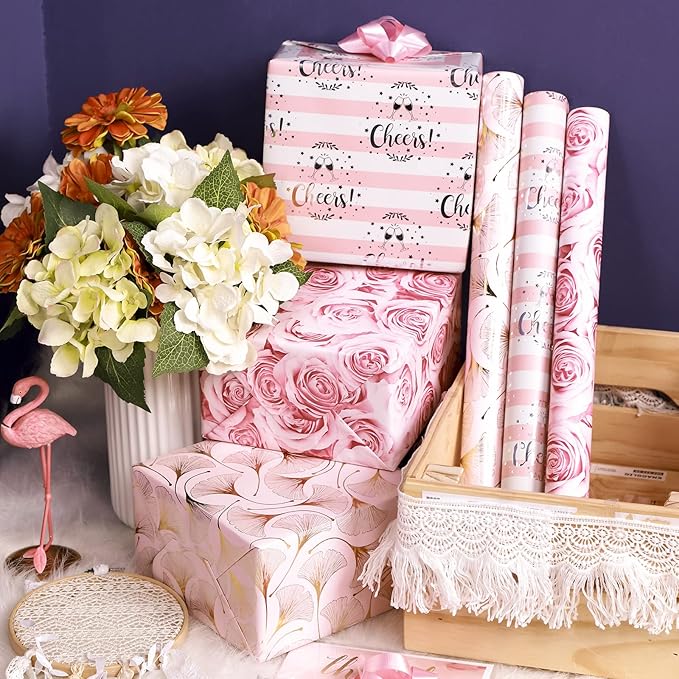 MAYPLUSS Pink Wrapping Paper Roll - Mini Roll - 17in X 120in Per roll - 3 Different Pink Floral Design (42.3 sqft) for Birthday, Holiday, Wedding, Baby Shower Valentine's Day