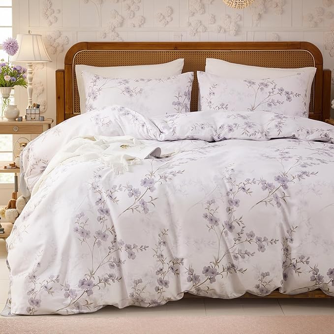 Floral Duvet Cover Queen Size - 100% Nature Cotton Reversible Grayish Flower Bedding Set with Zipper Closure, 3 Pieces Soft & Breathable Beige Comforter Cover