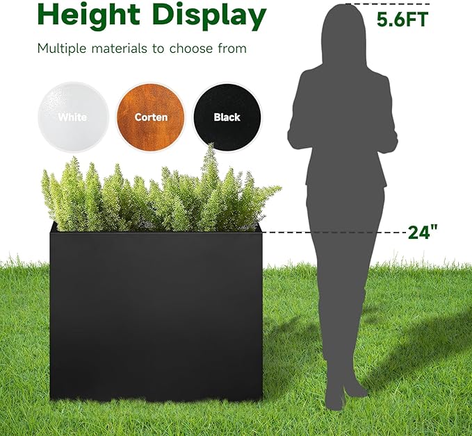 Galvanized Steel Metallic Heavy Planter for Outdoor Plants 24" x 12" x 24" Metal Rectangular Outdoor Planter Box Spliced Flower Box with Partitions for Outside,Indoor,Garden (Black, 24*12*24)