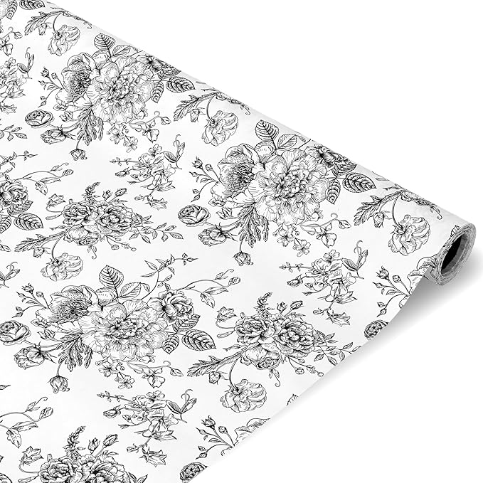 JarThenaAMCS Floral Wrapping Paper Mini Roll 17in x 32.8Ft Black White Flowers Gift Wrap Paper Vintage Floral Paper for Birthday Wedding Baby Shower Holiday Party Wrapping Supplies