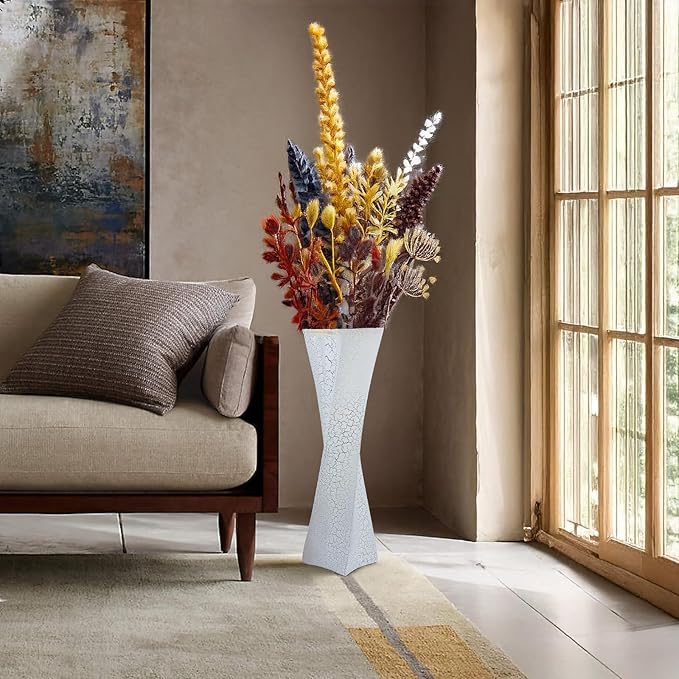27.5 Inch (Ice Crack White) Tall Floor Vase for Home Decor - Modern Freestanding Vase with Textured Finish, Handmade Design for Pampas Grass, Artificial Flowers, Farmhouse Living Room Corner Décor