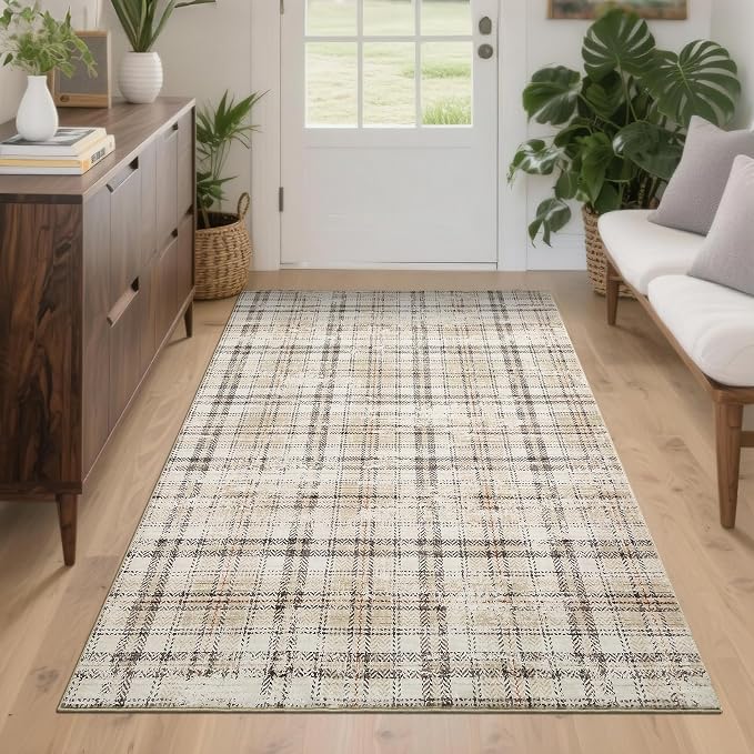3x5 Entryway Rug Washable Bedroom Rugs with Non Slip Rubber Backing, Plaid Soft Low Pile Rustic Stain Resistant Accent Rug for Entrance Living Room Office Home Decor