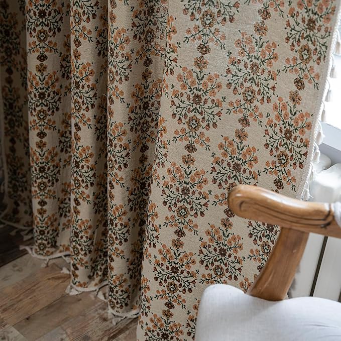ENJOYBRIDAL Floral Curtains 96 Inch Length 2 Panels Vintage Flower Patterned Drapes Boho Semi Sheer Tassel Rustic Country Rod Pocket Botanical Farmhouse Window Curtain Panels for Bedroom Living Room