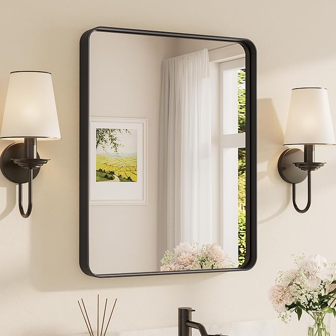 TETOTE Black Framed Bathroom Mirror, 24 x 30 Inch Matte Metal Frame Vanity Mirror, Modern Farmhouse Wall Mounted Rectangle Mirror (Horizontal/Vertical)