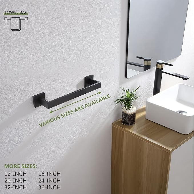 KOKOSIRI 12-Inch Single Towel Bar, Bathroom Kitchen Towel Holder, Wall Mounted SUS304 Stainless Steel Towel Rack 2 Pack, Matte Black, B4003BK-L12-P2