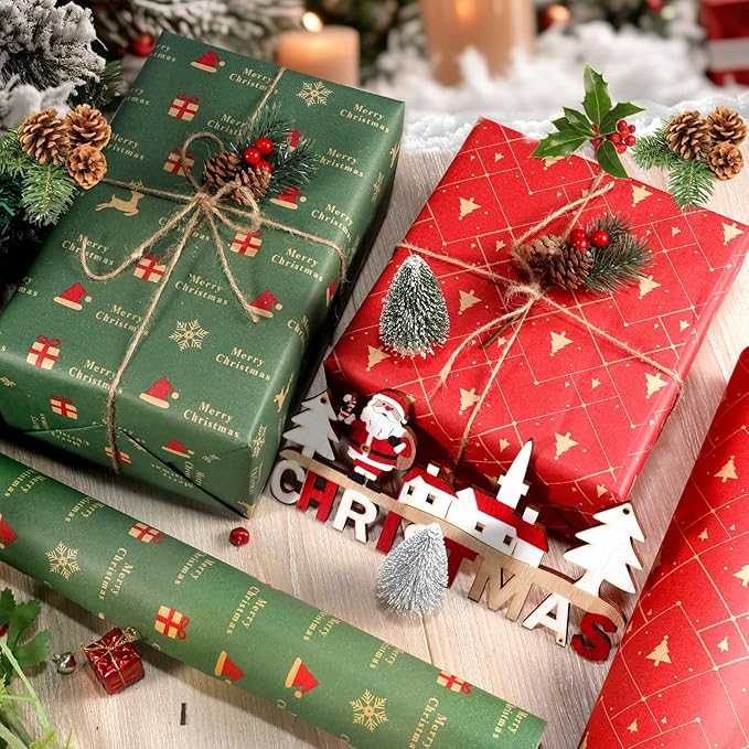 Panigkids Xmas Wrapping Paper Rolls - 4 Jumbo Kraft Wrap (17in x16.4ft Each) for Kids Adults, Festive Golden Red Tree & Green Snowflakes, Durable Holiday Gift Wrap + Jute Twine